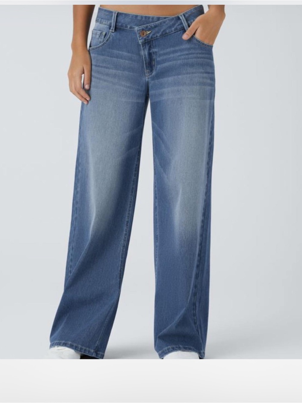 HALARA Asymmetric Crossover Waist WideLeg Crop Jeans Medium Blue Wash Size S